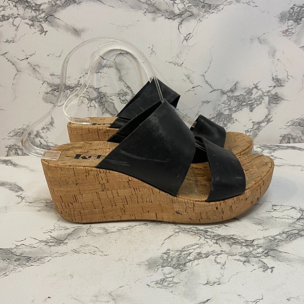 Kork Ease Women 8 Menzie Sandal Black Leather Wedge Heel Cork Comfort Shoe Open